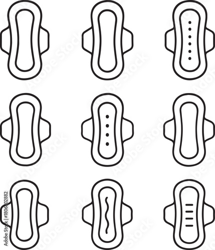 Sanitary Napkin Line and black Icon Set – Feminine Hygiene Vector Pack.