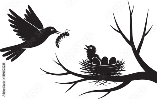 Bird feeding chick a worm in nest on bare tree branch silhouette vector illustration spring nature scene