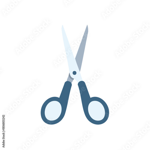 Open scissors illustration with blue handles and sharp blades on a white background