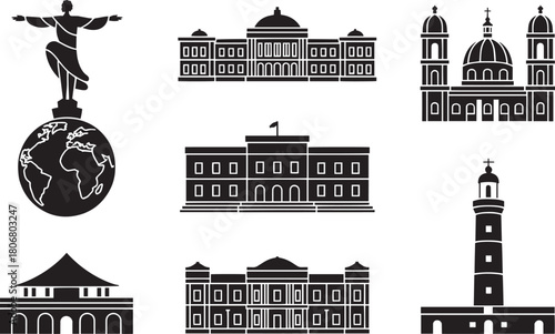 Architectural landmarks of guatemala city vector silhouette collection with various famous tourist attractions