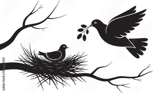 Black silhouette of dove family with nesting bird and flying parent bird carrying olive branch on transparent background vector
