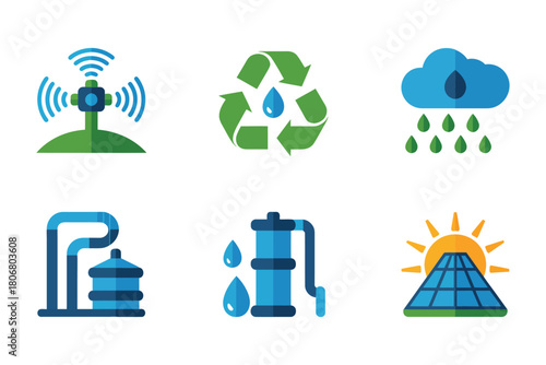 Water resource technology icons, wireless sensor, recycle with drop, rainfall cloud, pipe system, desalination plant, rain harvesting