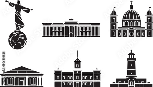 Guatemala city architectural landmarks vector silhouette collection featuring religious and governmental buildings