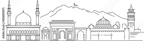 Line art panorama skyline showing middle eastern arabic cityscape fortress mosque buildings gates arches mountain view monochrome drawing
