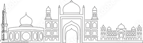 Outline drawing of famous indian mughal mausoleum complex with central dome minarets symmetric architectural elements cityscape panorama