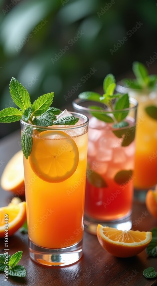 Fototapeta premium Glasses of orange juice with mint leaves on the side