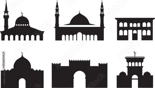 Set of six islamic mosque silhouettes and historic building vectors for religion and architectural design elements