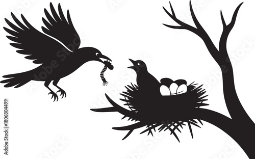 Silhouette vector design showing raven bird flying toward noisy hungry chick with worm prey inside messy nest built upon crooked bare tree branch