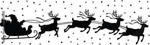 Christmas Santa Claus riding sleigh with reindeer silhouette vector illustration, flying in starry night sky for winter holiday decoration