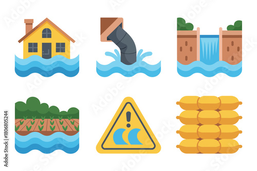 Flood awareness set, home near high water, pipe discharge pollutant, canyon waterfall risk, caution triangle, sandbags ready