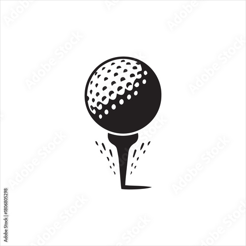 A black and white graphic illustration of a golf ball sitting on a tee.