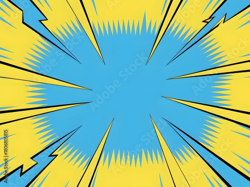 Explosive comic book style background with yellow rays and blue center