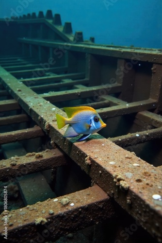Juvenile angelfish exploring a submerged shipwreck, emphasizing scale and environment. A small, brightly colored juvenile angelfish explores the intricate details of a barnacle encrusted shipwreck on