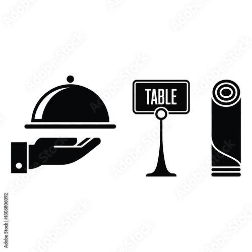 Black silhouette icons of a hand holding a food cloche a table sign and a rolled mat white