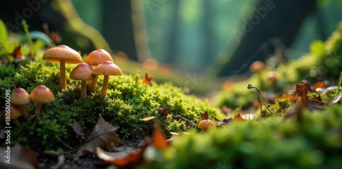 Whimsical Woodland Wonders A Collection of Magical Forest Elements for Creative Family Fun A vibrant, sun dappled forest floor carpeted with moss, featuring an assortment of colorful, whimsical