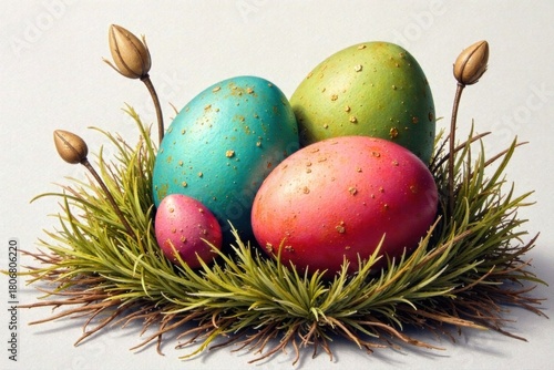 Whimsical Pastel Easter Eggs Nestled in Soft, Textured Natural Materials A close up, overhead shot of several beautifully painted Easter eggs in soft pastel hues like lavender, mint green, baby blue,