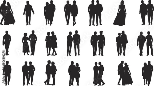 Couples and singles silhouette vector set, wedding people walking and standing, romantic men and women collection isolated