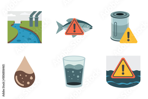 Water pollution awareness icons, factory effluent river, dead fish, floating can, dirty glass, hazard sign, contaminated droplet