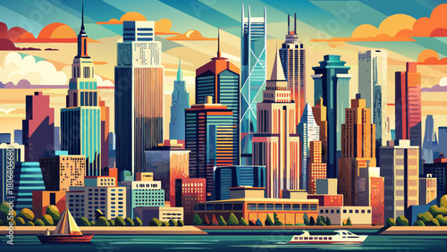 Very beautiful close-up panoramic view of Lower Manhattan, New York City, capturing the dense cluster of skyscrapers, iconic towers, and waterfront details in sharp detail with a dynamic urban perspec