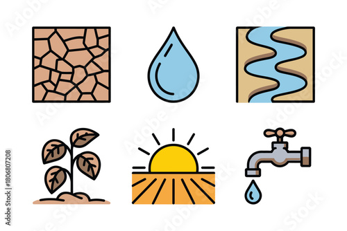 Minimal drought hazard icons, cracked earth square, clean droplet, meandering river, wilted plant, sunrise heat, dripping tap, vector