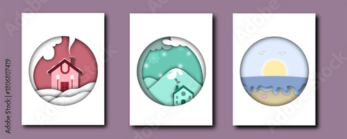 Paper Cut Nature Collection – Winter Houses and Beach Sunset Illustration