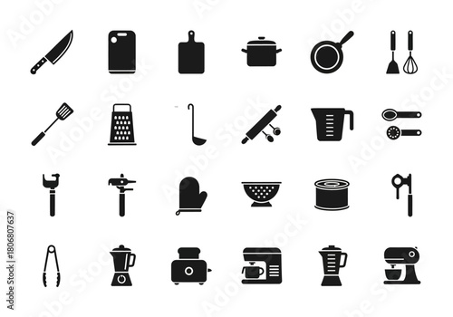 Minimalist kitchen utensil and cooking appliance icon set. Vector glyphs collection of culinary tools for food preparation. (min 16)