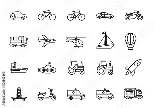 A diverse set of 20 transportation and vehicle line icons, including cars, airplanes, ships, and emergency services. Vector illustration. min (20)