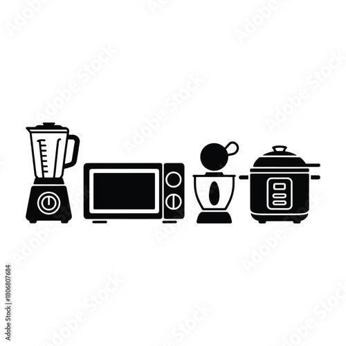 Black silhouette icons of kitchen appliances blender microwave mixer and pressure cooker vector