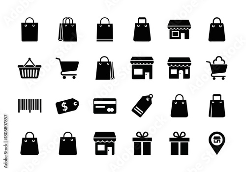 Minimal black silhouette shopping icons for e-commerce, retail, online store, and business applications