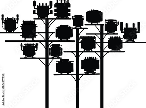 Vector Silhouette Collection of Heavy Duty Electrical Transformers Mounted on Utility Poles for High Voltage Power Distribution and Industrial Energy Grid Infrastructure