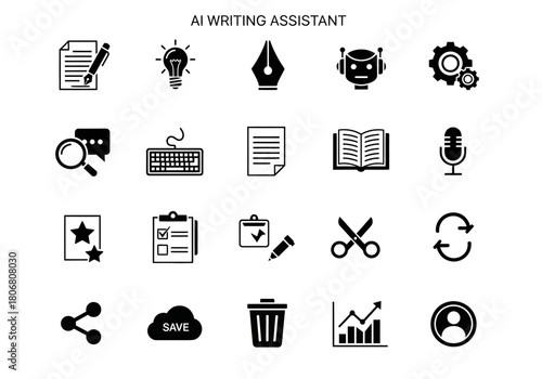 Solid glyph icon set representing artificial intelligence writing assistant tools and content creation software features