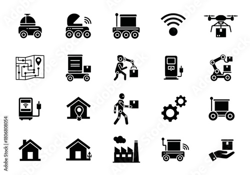 Modern logistics and autonomous delivery solid icons set. Vector symbols for smart shipping, robotic transport, warehouse automation, and e-commerce