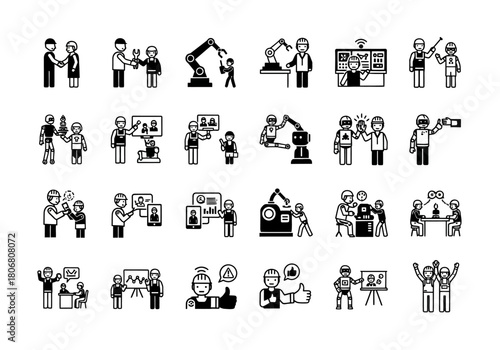 Minimalist icon set showing engineers and factory workers collaborating with industrial automation robots