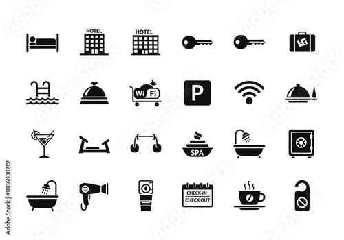 Minimalist vector icon set for the hospitality industry. Simple glyph symbols for hotel, booking, spa, travel, and accommodation services