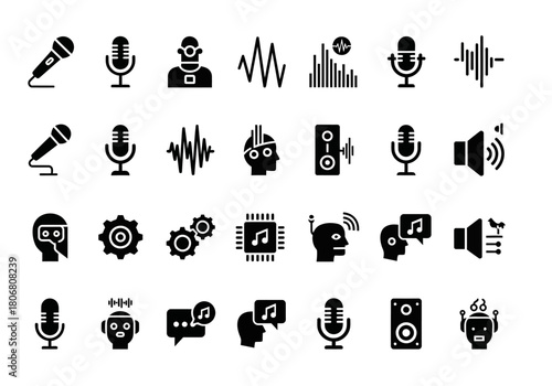 A collection of solid glyph icons representing voice technology, AI assistants, audio recording, and sound wave signals for modern interfaces