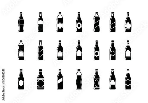 A diverse set of black silhouette bottle icons representing various beverage containers. This vector collection features different shapes of glass and plastic bottles for drinks