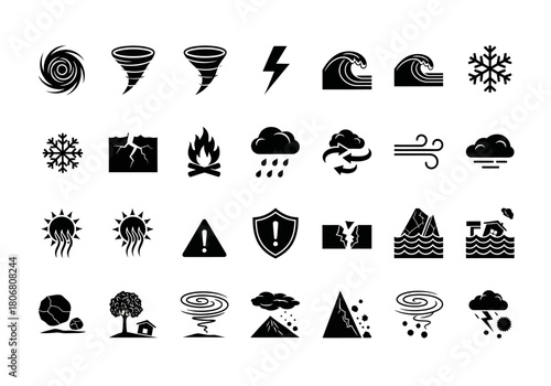 Natural disaster and meteorology solid glyph icons. A vector set of symbols for weather, emergencies, and catastrophe