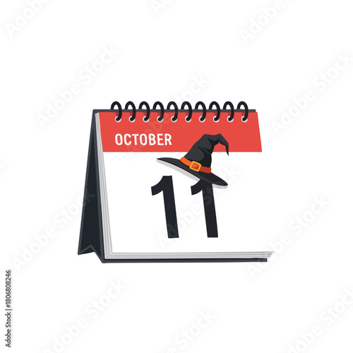 Halloween themed calendar illustration displaying the date October 11th with a whimsical witch hat overlayed