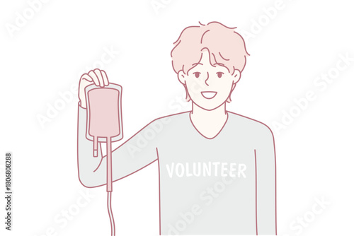 Smiling man volunteer holding bag of blood donating to people in need. Happy male donor make good deed give blood in donation center. Vector illustration.