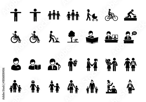 Minimalist vector icon set of human pictograms representing diverse life stages, family, and daily activities