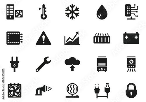A comprehensive set of monochrome glyph icons for technology, data management, climate control, and industrial equipment themes
