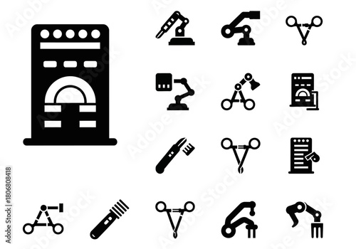 Collection of solid black icons representing robotic arms, industrial automation, and manufacturing technology. Vector set
