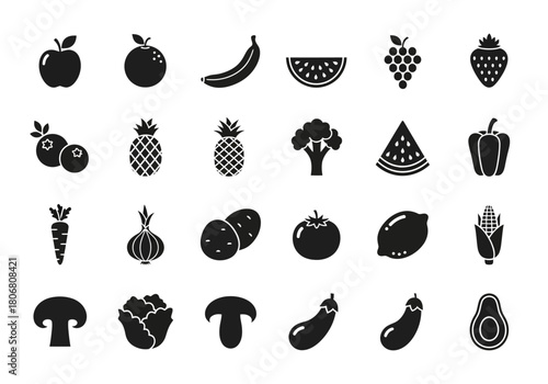 Minimalist glyph icon collection of fresh organic fruits and vegetables. Vector silhouettes for nutrition, diet, and grocery concepts
