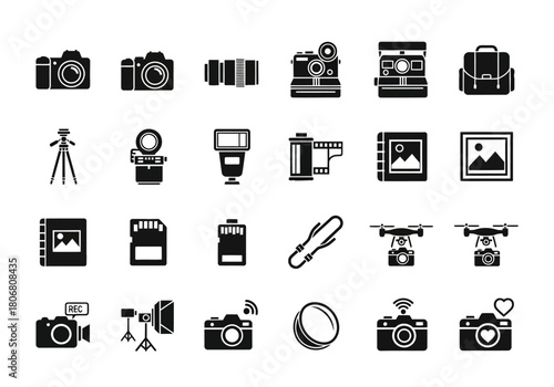 A comprehensive set of minimal photography equipment glyph icons. Vector illustrations of cameras, lenses, and accessories for design