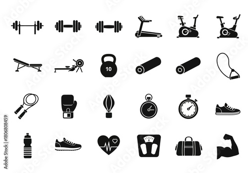 Minimal vector icon set for gym, fitness, and workout themes. Black glyph collection for sports and a healthy lifestyle, isolated on white