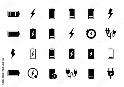 A versatile set of battery charging status and power indicator icons, perfect for web and mobile interface design