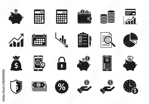 Minimalist black and white icon set for finance, money management, and business analytics, isolated on a white background