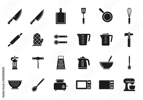 Kitchen utensils and cooking equipment icon set in a minimalist glyph style. A collection of black culinary tool symbols for graphic design, vector illustration isolated on white background