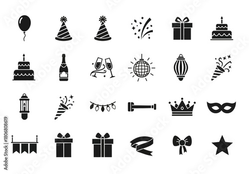 A comprehensive set of solid glyph icons for party and celebration themes, including birthday, new year, and holiday event symbols