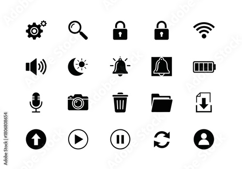 A comprehensive set of black solid glyph icons for user interface design, featuring essential symbols for web, mobile apps, and software development